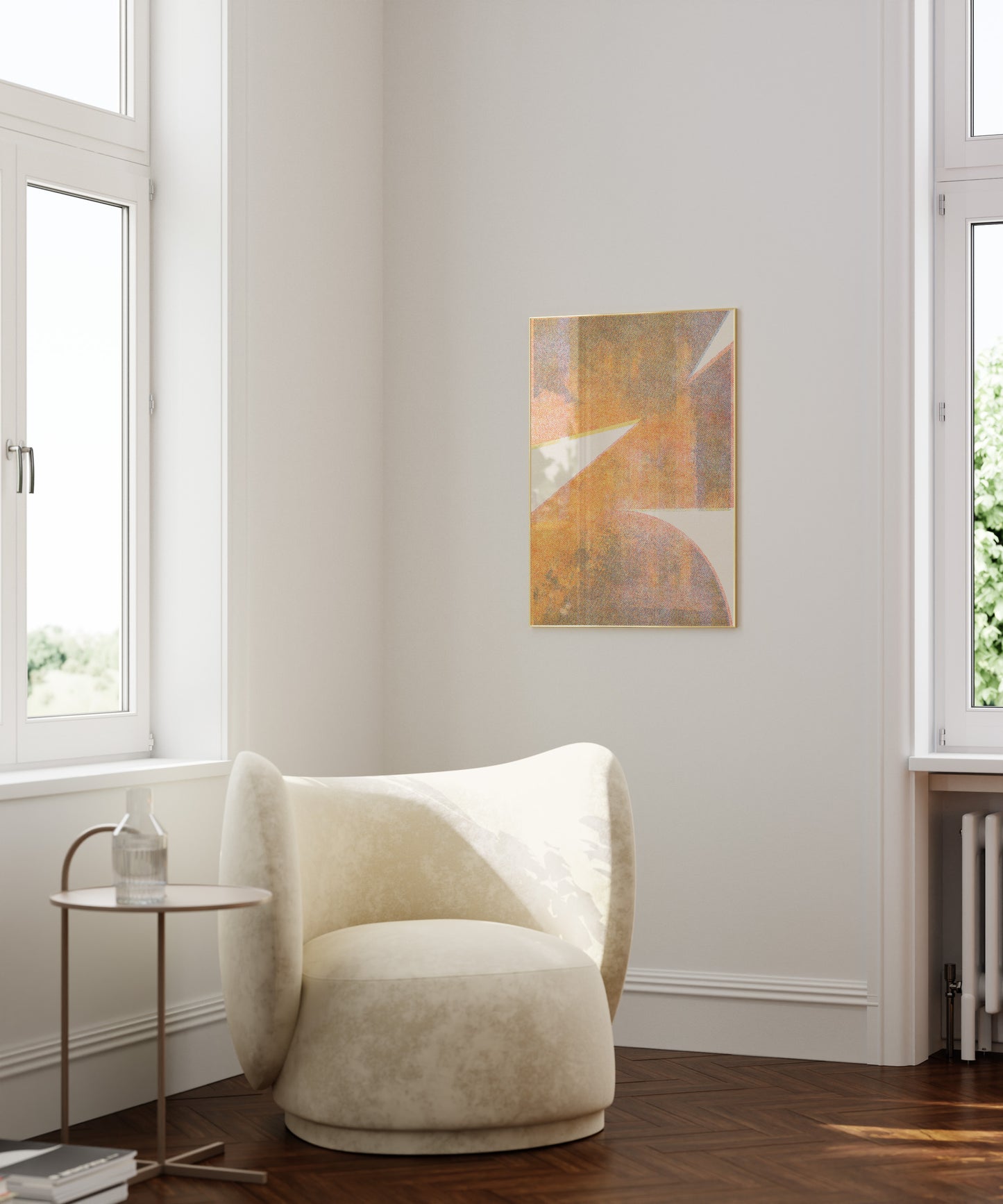 Orange risograpg poster on side wall of a living room