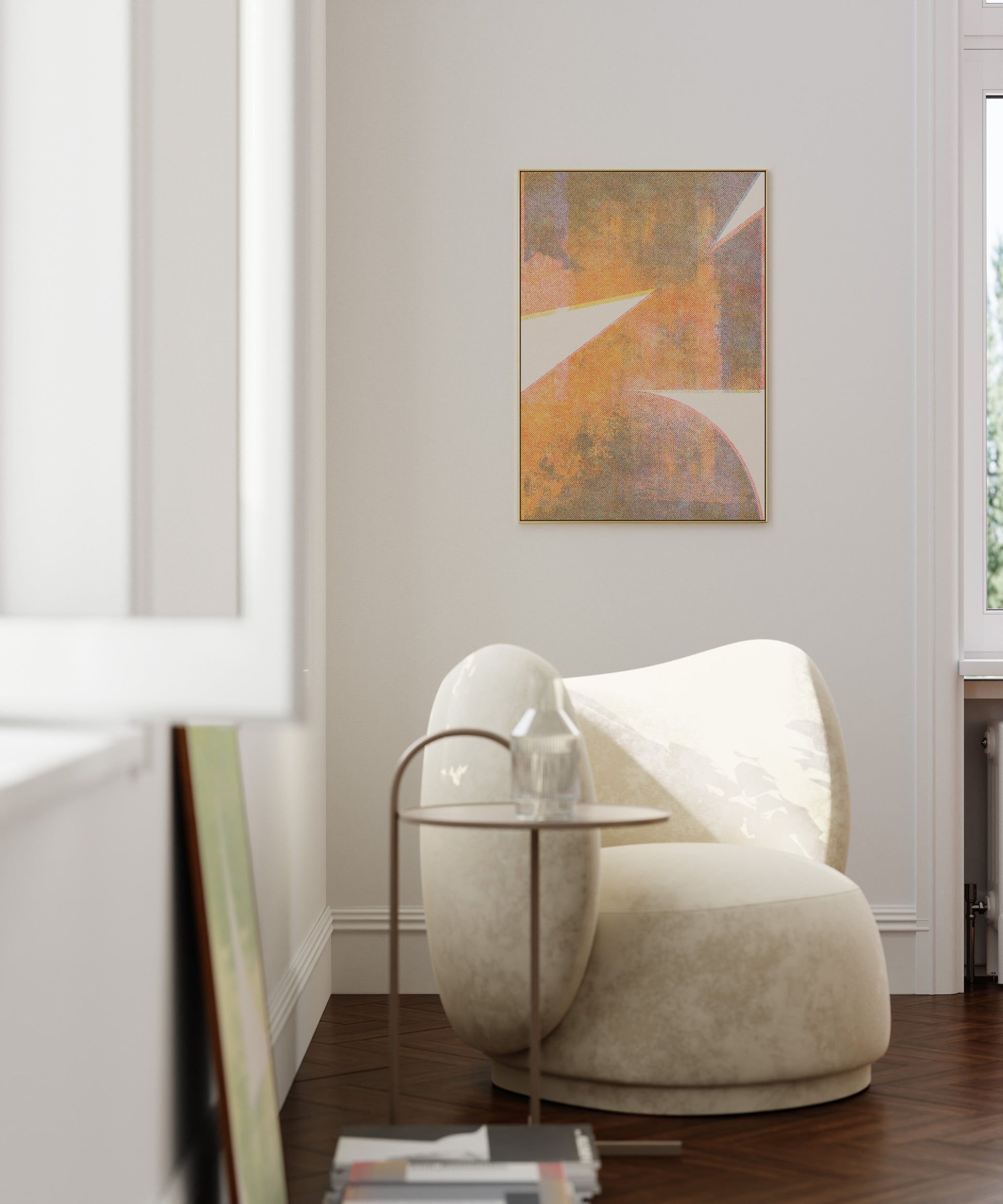 Risograph art print framed on the wall in living space