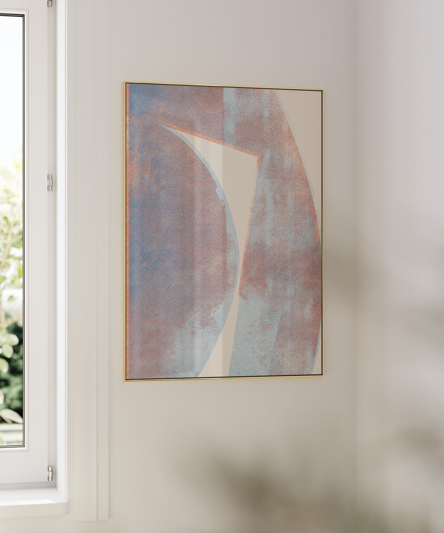 blue red risograph poster in golden frame