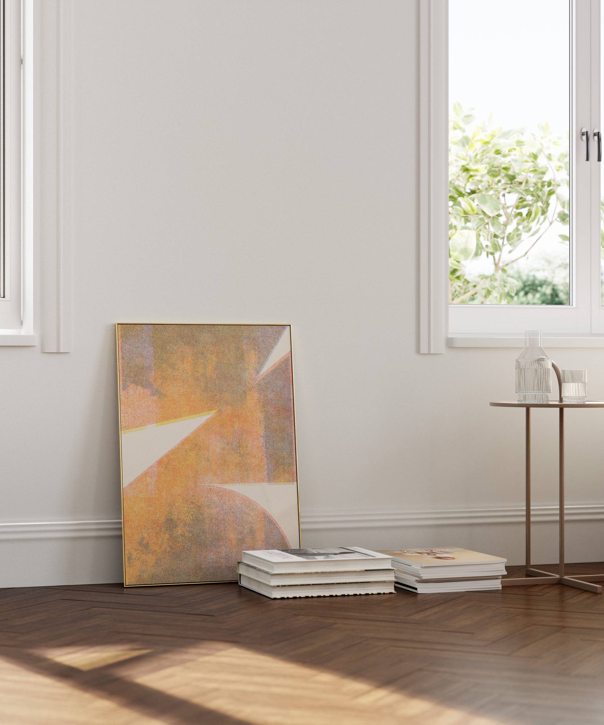 Orange risograph art print poster in a modern living room