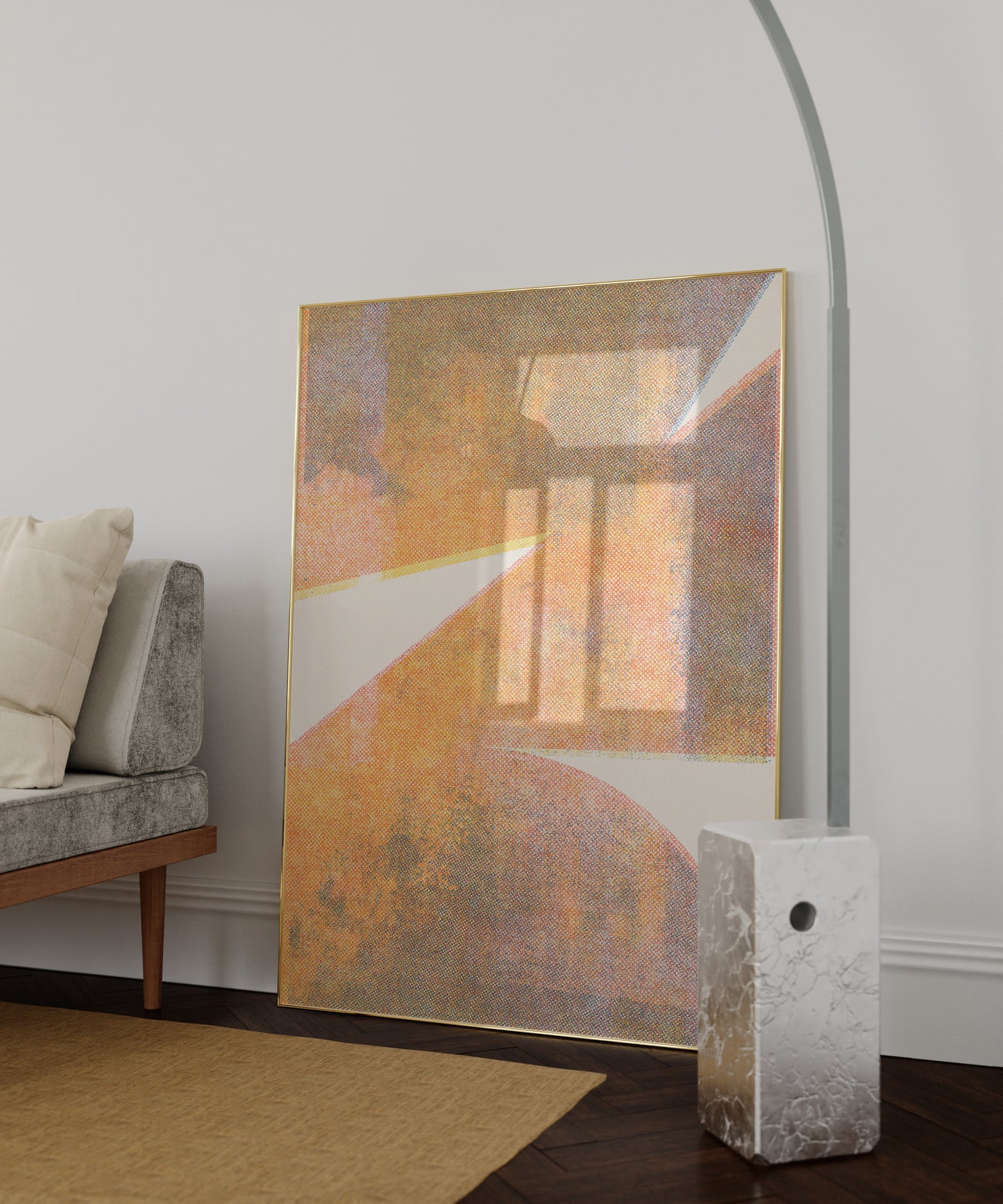 Large risograph art poster in golden frame