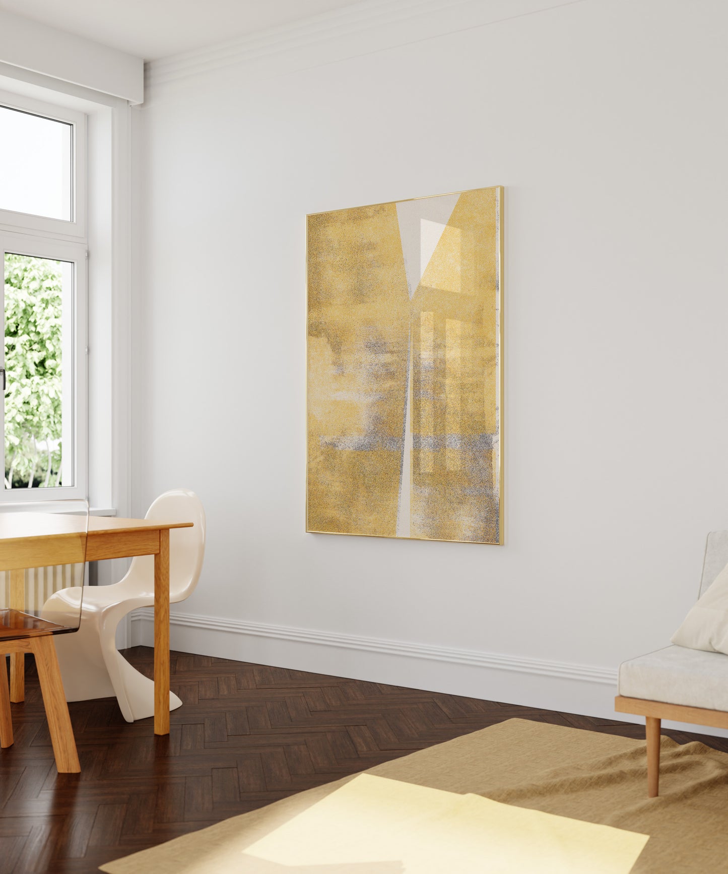 large yellow risograph poster in golden frame