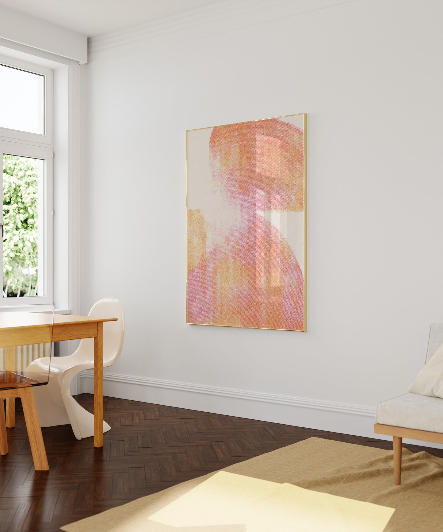large orange red risograph poster in modern living room