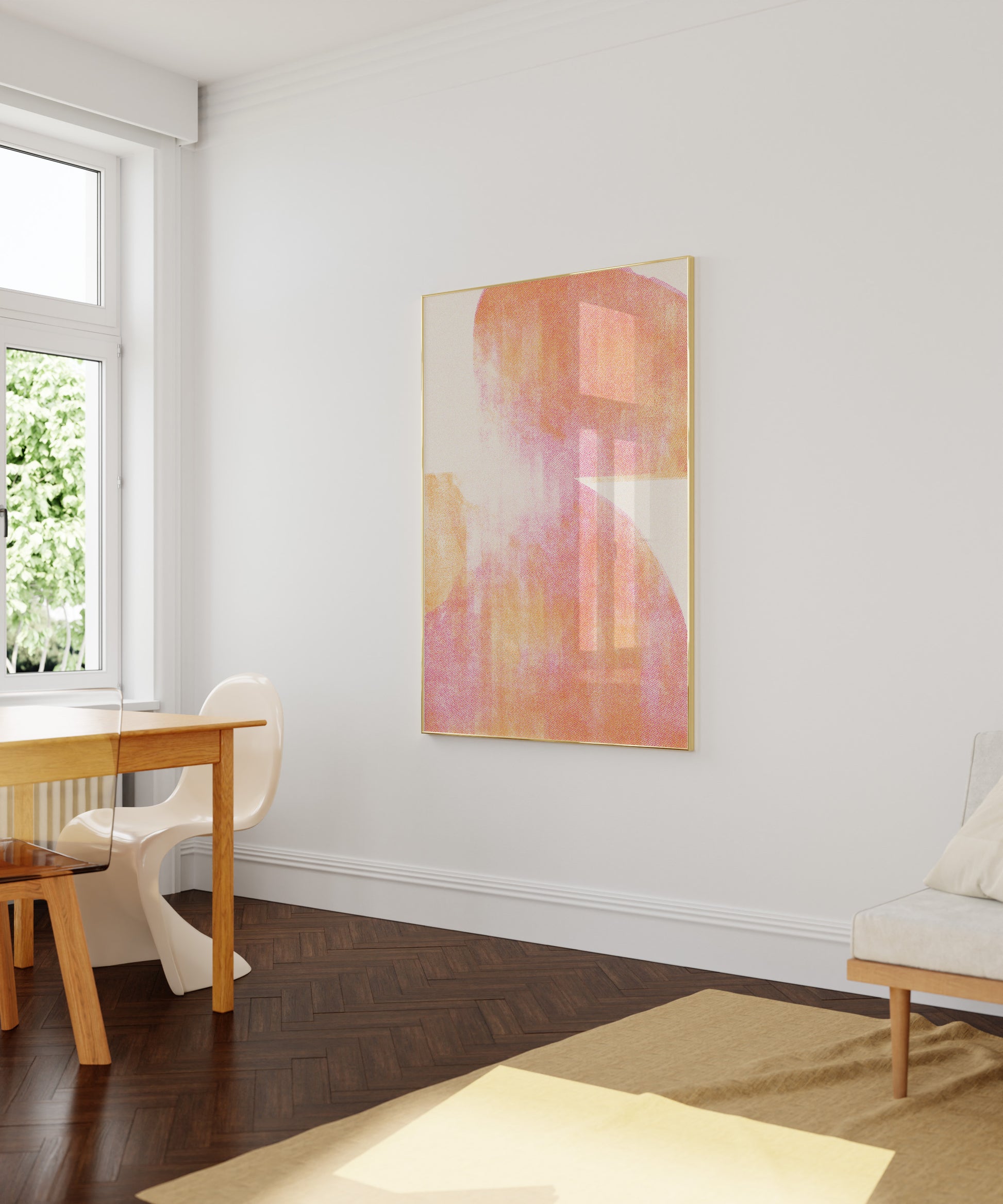 large orange red risograph poster in modern living room