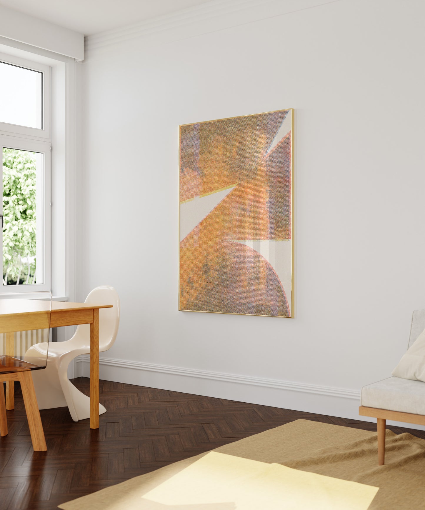 large orange risograph art poster in golden frame