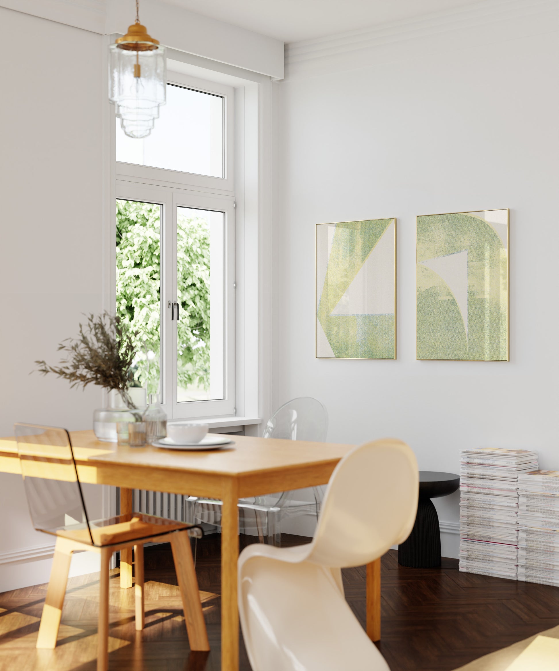 mix of abstract green risograph posters in a modern living space
