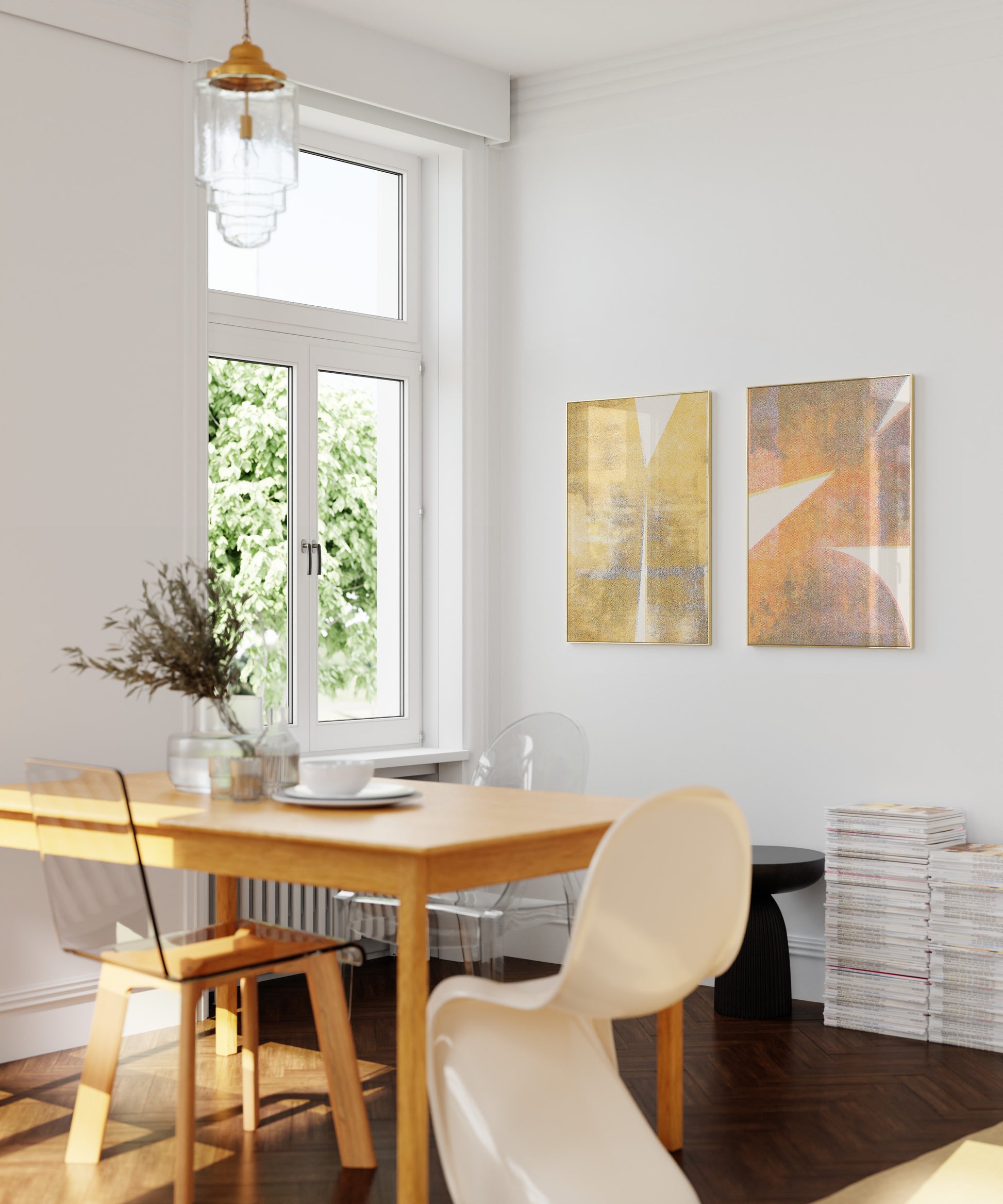 Yellow and orange risograph posters in a dining room