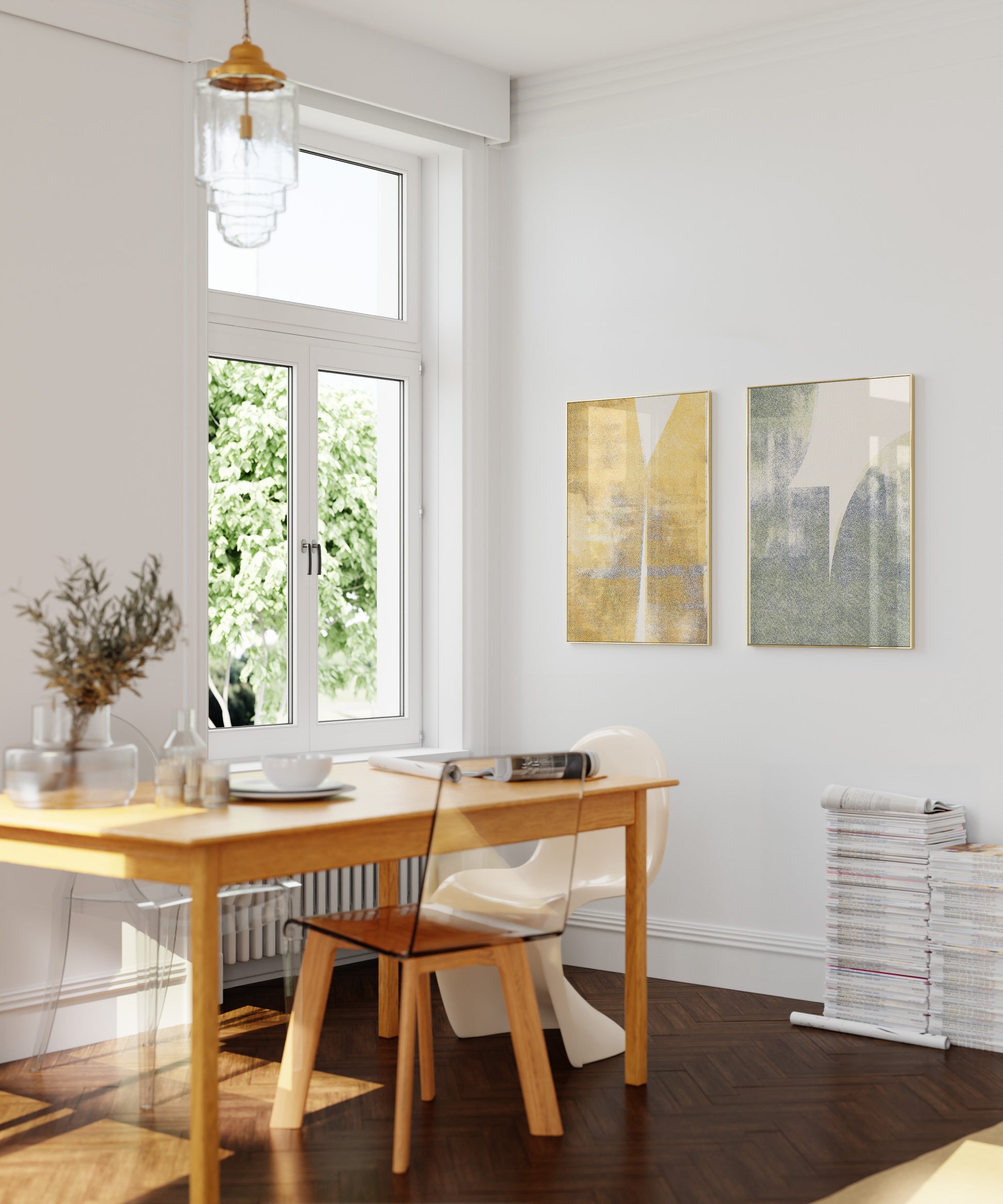 yellow and green risograph posters in a modern living room