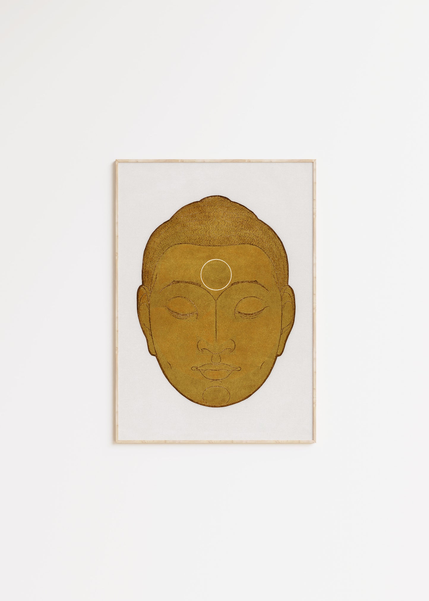 art poster of a golden Buddha head on white background