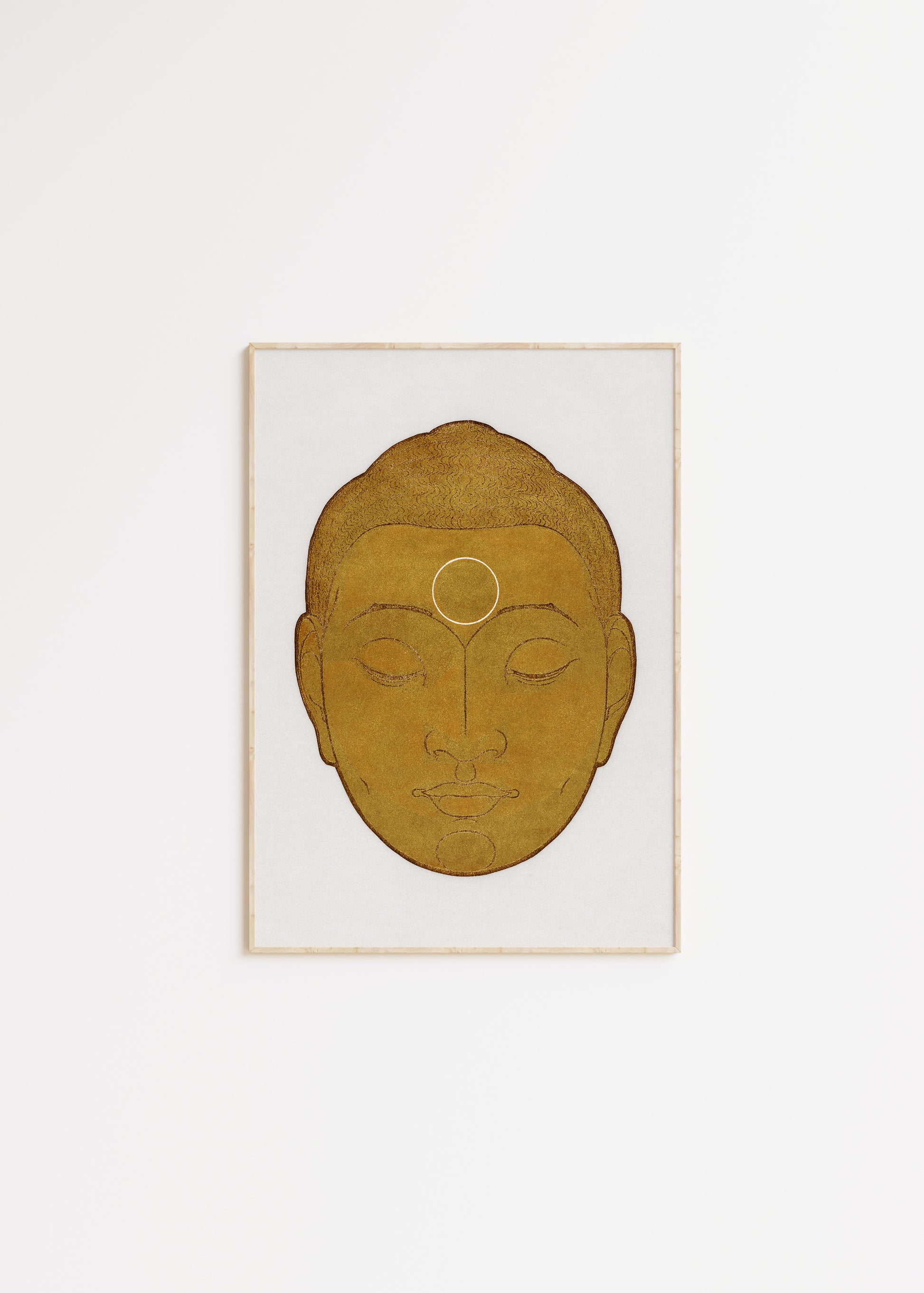 art poster of a golden Buddha head on white background