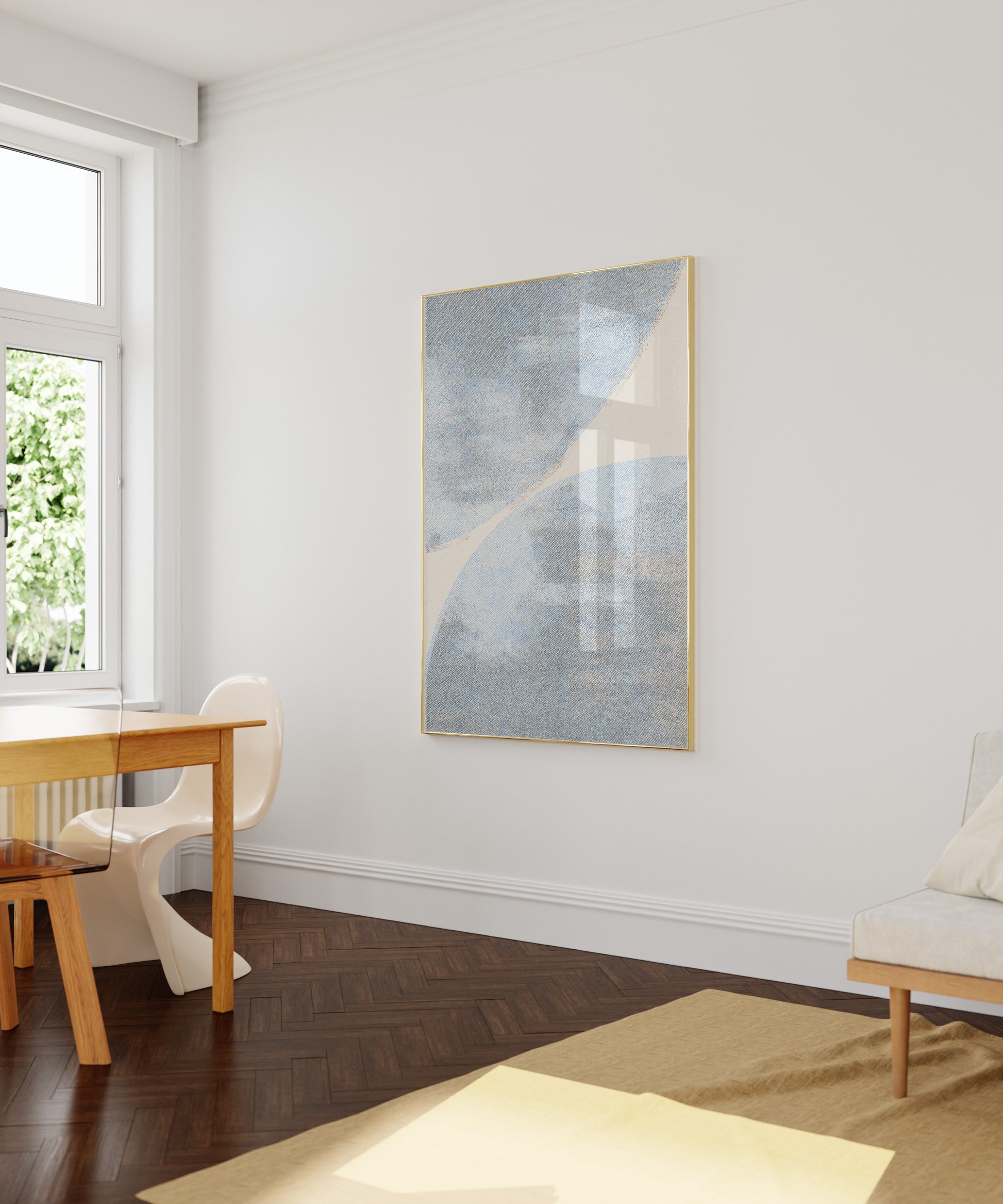 large blue risograph poster in modern living room