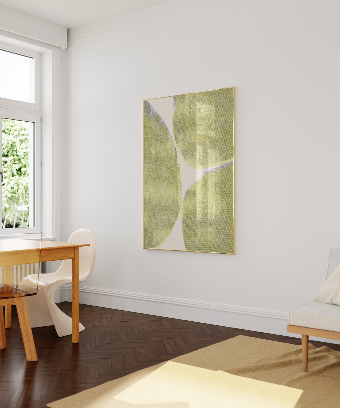 large green risograph poster in a modern living room