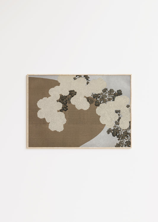 Japanese vintage art print of blossom in beige and white tones with golden details