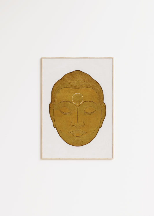 art poster of a golden Buddha head on white background
