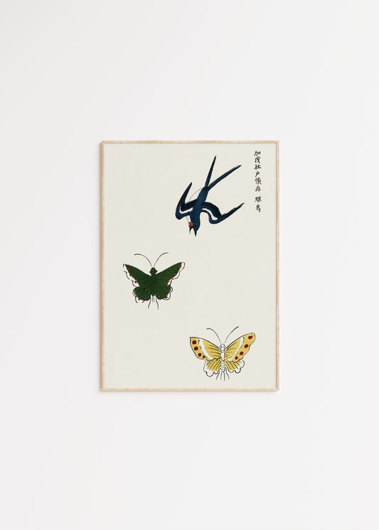 Japanese vintage illustration of swallow and butterflies