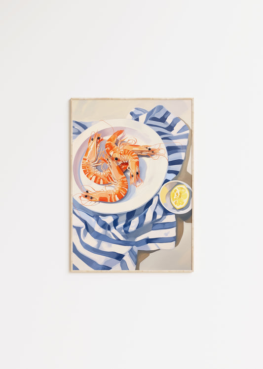 kitchen art poster illustrating shrimps and lemon